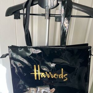 Harrods Glossy Black Tote with Gold Logo